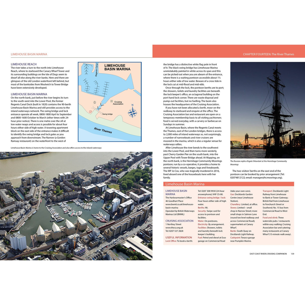 The East Coast Rivers Cruising Companion by Fernhurst Books features a two-page spread on Limehouse Basin Marina, with maps, text, photos, an illustrated map, aerial marina view, and tall ship silhouette—perfect for your East Coast cruising.