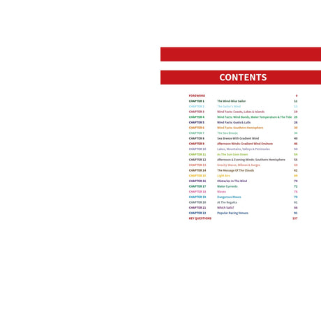 A table of contents page with red headers and multicolored chapter titles lists chapters and page numbers, from the foreword to key questions, guiding racing sailors in wind strategy—featuring "Wind Strategy" from Fernhurst Books.