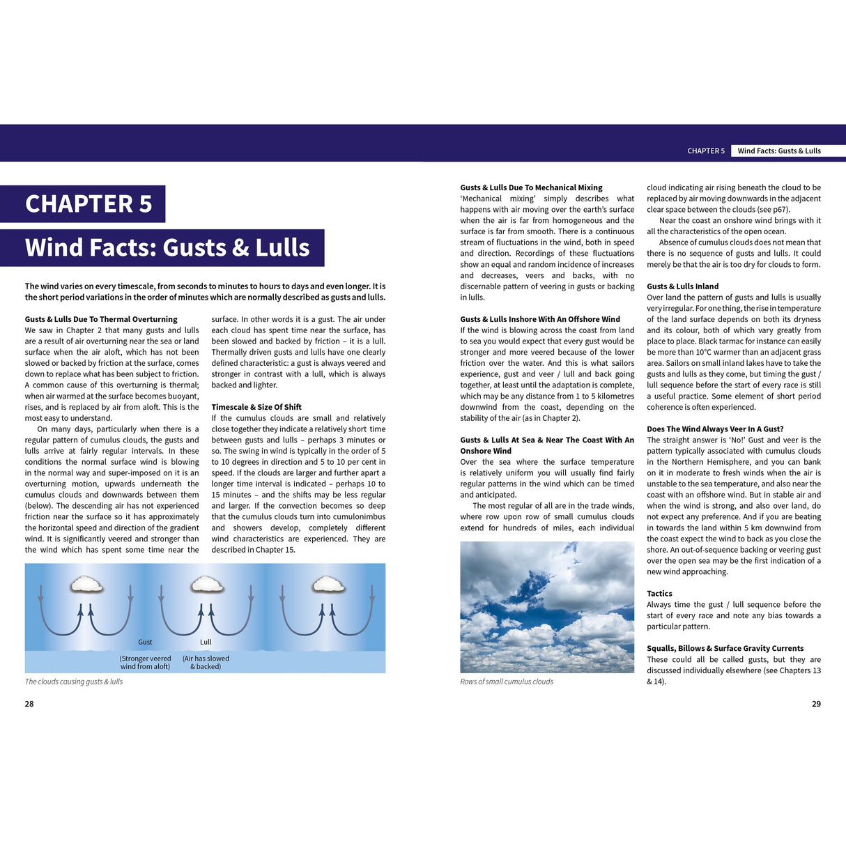 A spread from "Wind Strategy" by Fernhurst Books titled “CHAPTER 5: Wind Facts: Gusts & Lulls” features text, diagrams of wind over hills and obstacles, plus sidebars on gusts, lulls, and wind strategy for racing sailors in varied terrains.