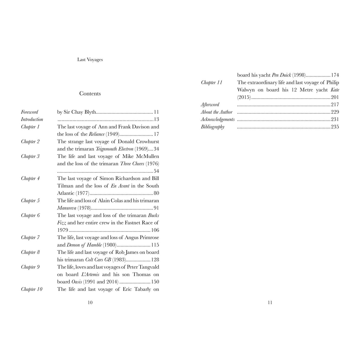 The Last Voyages table of contents from Fernhurst Books lists chapters on yachtsmen, sailing careers, sea adventures, tragic last journeys, and yacht stories. Pages feature a plain white background with black text.