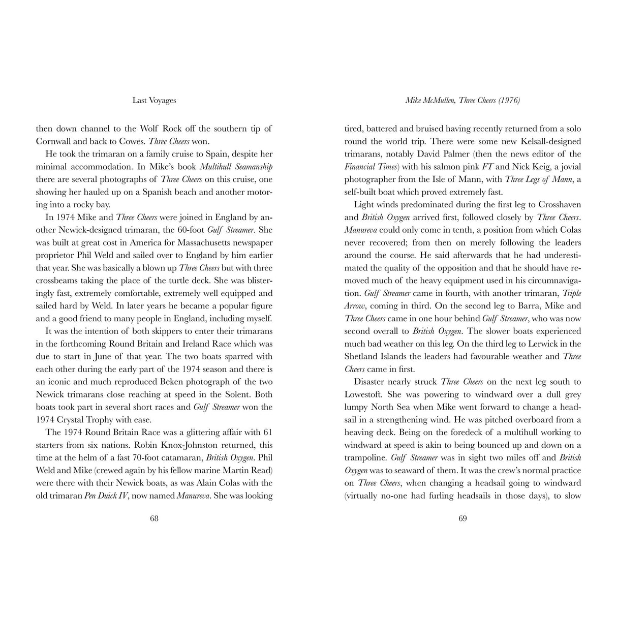 Pages from "Last Voyages" by Fernhurst Books display two-column text: the left explores tragic final journeys of famed yachtsmen, while the right features Mike McMullen and Three Cheers (1976) in detailed narrative.