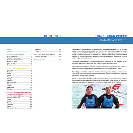 A spread from Fernhurst Books' Catamaran Book shows the table of contents on the left and an introduction to expert sailors Tom & Brian Phipps, with their photo in sailing gear before a catamaran, on the right.
