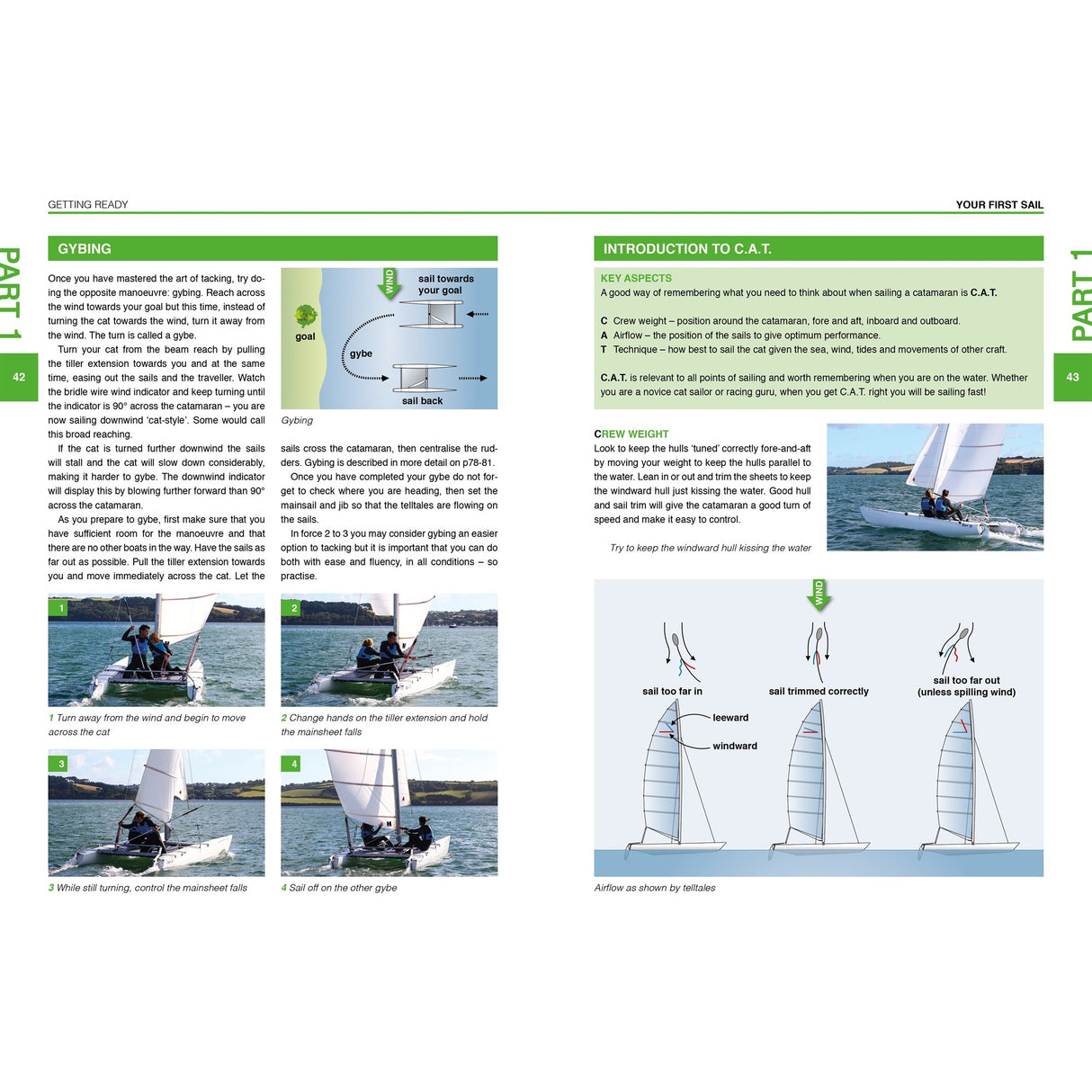 The Catamaran Book by Fernhurst Books features diagrams and photos demonstrating sailboat gybing, catamaran sailing basics, wind direction, and sailor positions. Includes clear text with green headings for easy instruction.