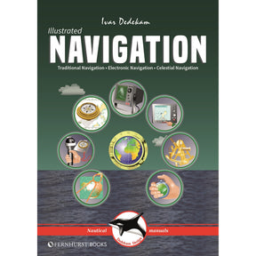 Book cover for "Illustrated Navigation" by Ivar Dedekam, published by Fernhurst Books, shows nautical-themed illustrations of celestial navigation tools and methods in circular frames, with the Fernhurst Books logo at the bottom.