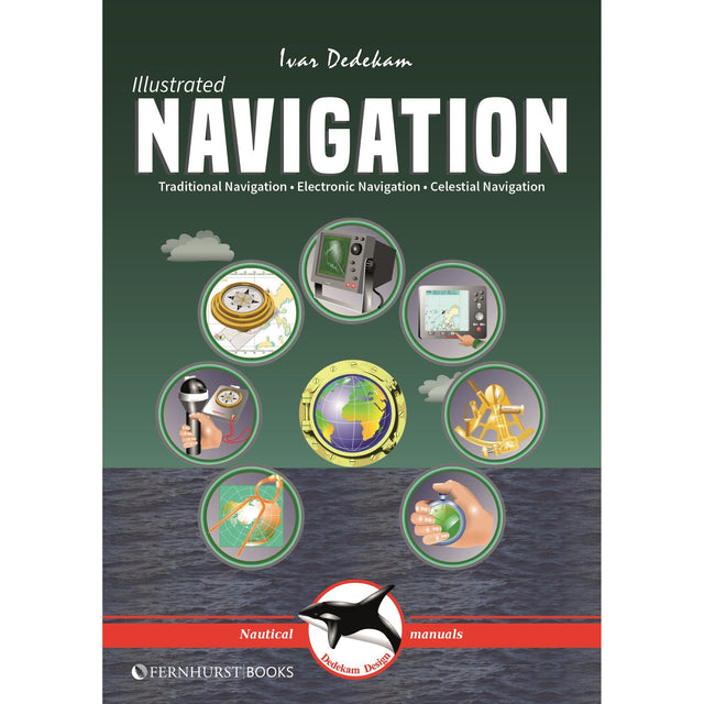 Book cover for "Illustrated Navigation" by Ivar Dedekam, published by Fernhurst Books, shows nautical-themed illustrations of celestial navigation tools and methods in circular frames, with the Fernhurst Books logo at the bottom.