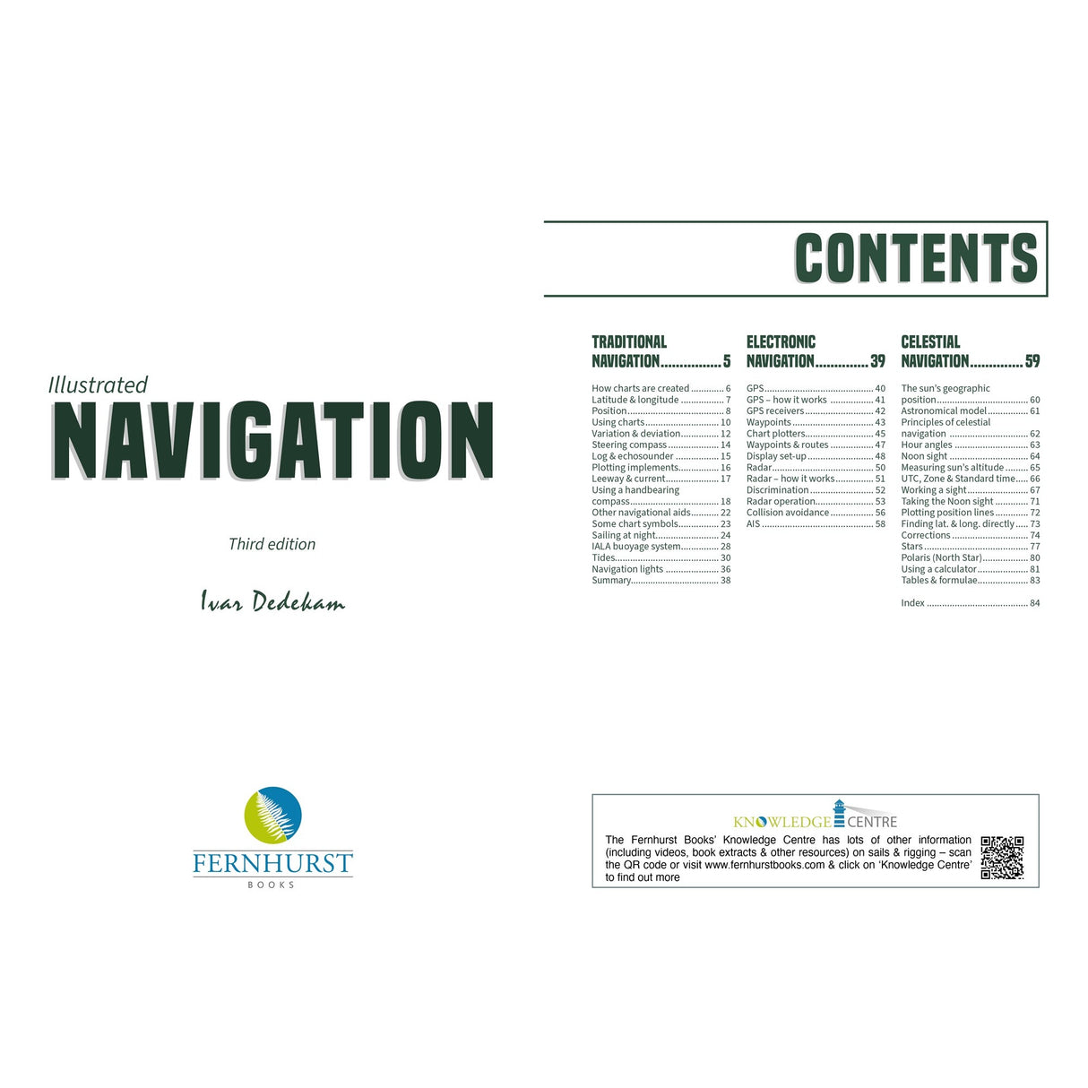 Illustrated Navigation" by Ivar Dedekam (Third Edition) from Fernhurst Books covers traditional, electronic, and celestial navigation. The contents page also displays the Fernhurst Books and Knowledge Centre logos at the bottom.