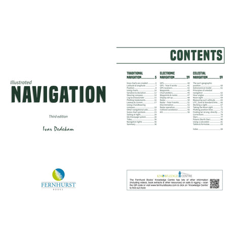 Illustrated Navigation" by Ivar Dedekam (Third Edition) from Fernhurst Books covers traditional, electronic, and celestial navigation. The contents page also displays the Fernhurst Books and Knowledge Centre logos at the bottom.