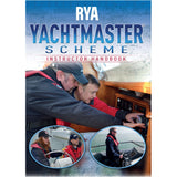 Cover of the Royal Yachting Association’s RYA Yachtmaster Scheme Instructor Handbook featuring instructors and students navigating, steering, and using boat controls against a blue nautical chart background.