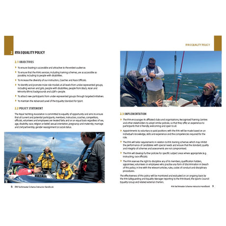 A two-page spread in the "RYA Yachtmaster Scheme Instructor Handbook" by the Royal Yachting Association features diverse sailors, policy objectives, implementation details, and guidance for instructors and RYA sailing course deliverers.