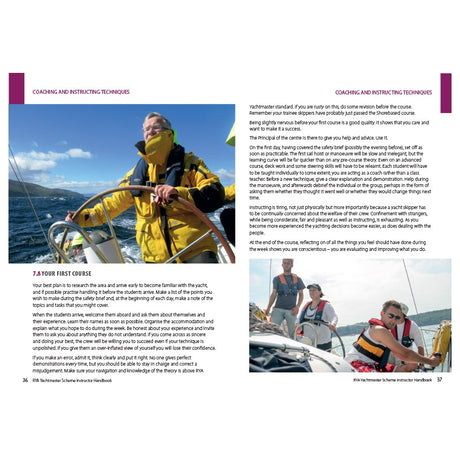 Two pages from the RYA Yachtmaster Scheme Instructor Handbook by the Royal Yachting Association: left page shows a man steering a sailboat; right, two people observing onboard. Both display section headers and instructional text.
