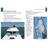 A spread from the RYA Yachtmaster Scheme Instructor Handbook by Royal Yachting Association shows a person steering a motor yacht (left) and a close-up sailboat sail (right), with details about courses for aspiring instructors.