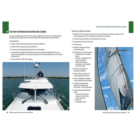 A spread from the RYA Yachtmaster Scheme Instructor Handbook by Royal Yachting Association shows a person steering a motor yacht (left) and a close-up sailboat sail (right), with details about courses for aspiring instructors.