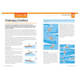 A "Challenging Conditions" textbook page uses the Royal Yachting Association’s RYA Powerboat Handbook to explain boating in rough waters, with diagrams of navigating waves from various angles and directions.