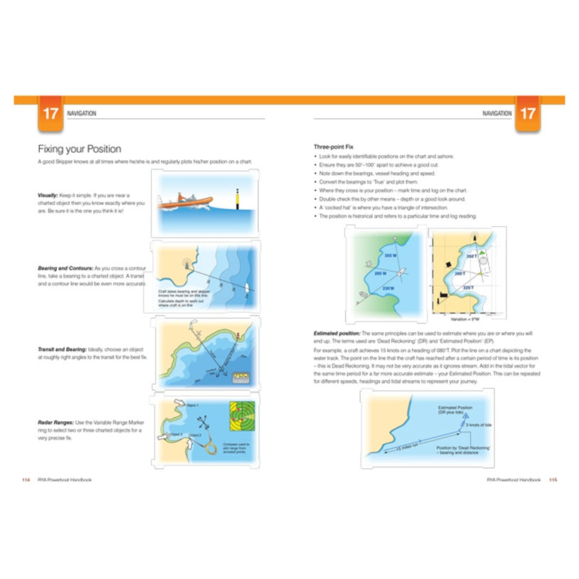 A two-page spread from the Royal Yachting Association’s RYA Powerboat Handbook explains how to fix your position at sea using electronic navigation, visual fixes, bearings, transits, and radar ranges.