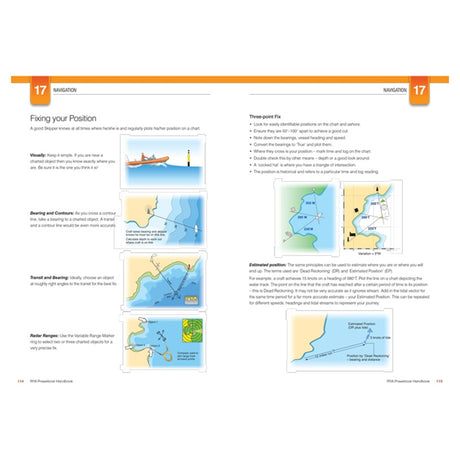 A two-page spread from the Royal Yachting Association’s RYA Powerboat Handbook explains how to fix your position at sea using electronic navigation, visual fixes, bearings, transits, and radar ranges.