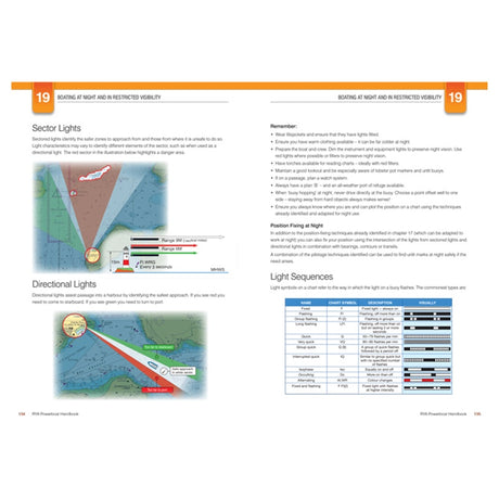 The Royal Yachting Association's RYA Powerboat Handbook covers night and restricted visibility boating, with diagrams of sector and directional lights, light sequence tables, electronic navigation advice, and marine signal light identification tips.