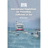 Cover of "RYA Collision Regulations" by the Royal Yachting Association, showing a ferry and small boats on water with nautical charts, vessel lights, shapes, and COLREGS diagrams in the background for maritime safety.