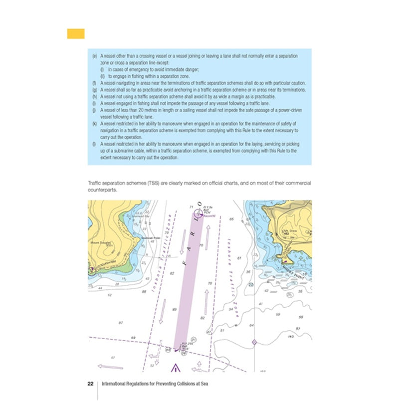 A page from the Royal Yachting Association’s RYA Collision Regulations manual details COLREGS vessel separation with a color traffic scheme map, navigational symbols, and vessel lights and shapes—clearly organized to enhance maritime safety.
