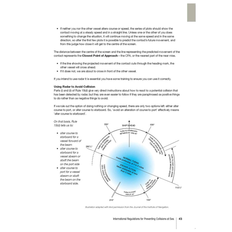 A page from the Royal Yachting Association's "RYA Collision Regulations" manual displays a circular diagram explaining Closest Point of Approach (CPA) and Rule 8 of COLREGS, guiding users on preventing maritime collisions.