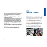 A brochure spread for the Royal Yachting Association's RYA Yachtmaster Scheme Syllabus and Logbook shows four people in a sailboat, listening to an instructor explain practical and shorebased courses.
