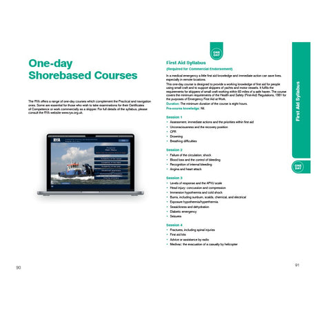 A laptop displaying a marine training website sits on a white background. Beside it, text highlights the Royal Yachting Association's RYA Yachtmaster Scheme Syllabus and Logbook for one-day shorebased courses, perfect for sail and motor cruising enthusiasts.
