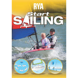 A smiling adult and child sail a small boat with colorful sails. "RYA Start Sailing" by the Royal Yachting Association is an ideal beginner's sailing book, shown with three illustrated learning diagrams on a yellow background.