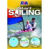 The cover of the Royal Yachting Association's "RYA Start Sailing" features a man and child in a small boat with a colorful sail, accompanied by three instructional diagrams from this essential beginner's handbook.