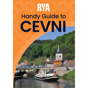 Cover of the Royal Yachting Association's RYA Handy Guide to CEVNI, a boating guide for inland waterways, showing a boat on a canal by a village with church and clock tower, set against green hills and blue sky.