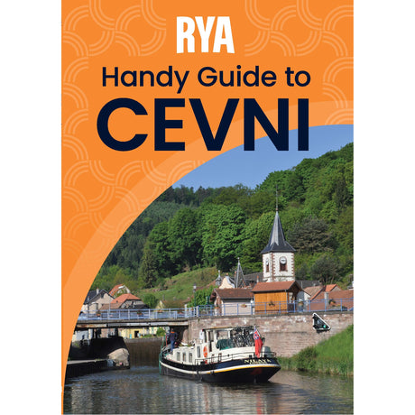 Cover of the Royal Yachting Association's RYA Handy Guide to CEVNI, a boating guide for inland waterways, showing a boat on a canal by a village with church and clock tower, set against green hills and blue sky.