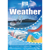 The cover of the RYA Weather Handbook by the Royal Yachting Association features a sailboat, dynamic weather graphics, a map, and cloud and front illustrations. Author: Chris Tibbs.