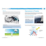 Two pages from the Royal Yachting Association’s RYA Weather Handbook cover polar lows and depressions, with weather system diagrams, meteorological details, a cyclone satellite image, a yacht in rough seas, and a Northern Hemisphere map.