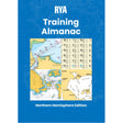 Cover of the Royal Yachting Association’s "RYA Training Almanac - Northern," showcasing nautical charts and navigation tables on a blue background—a must-have for yachtmaster theory students.