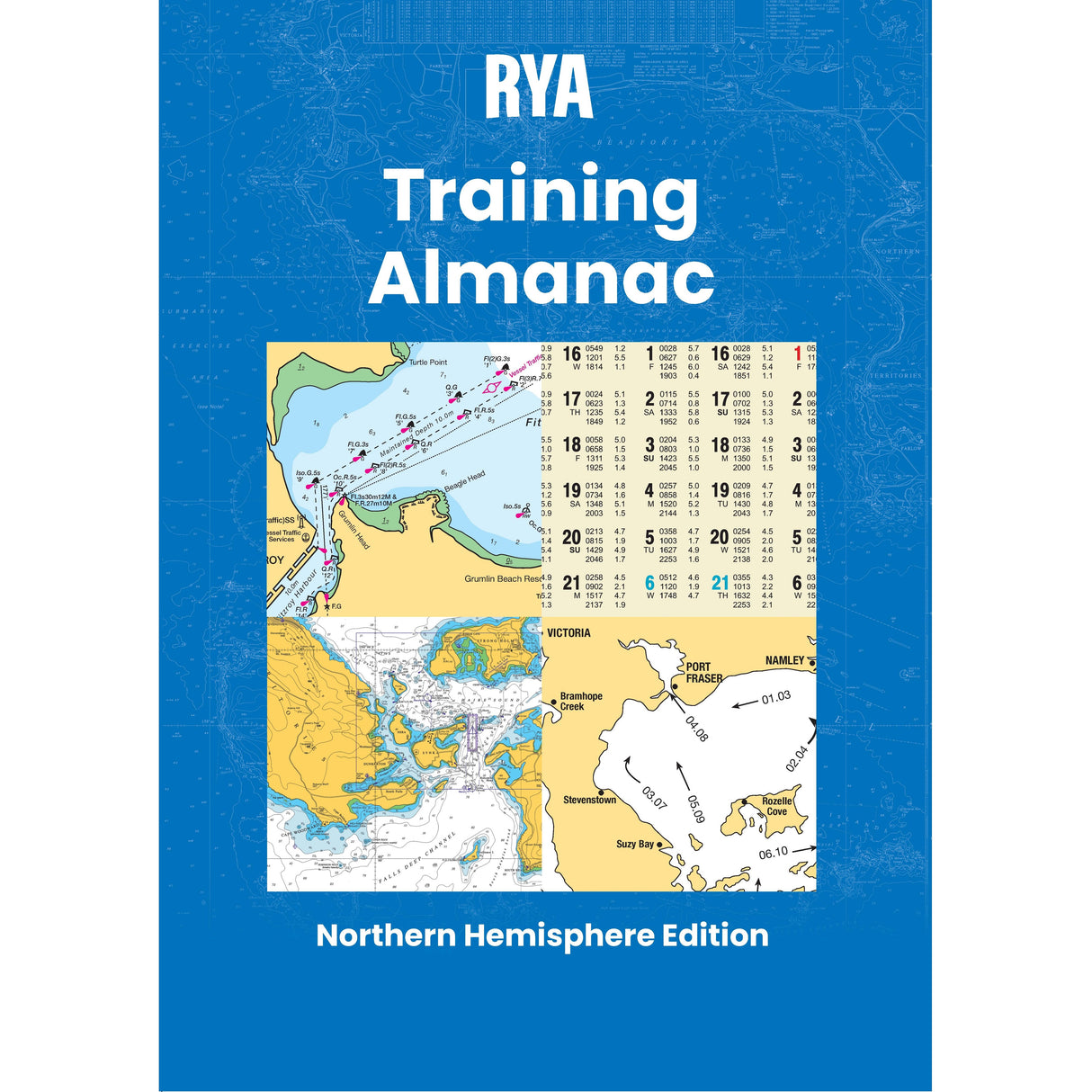 Cover of the Royal Yachting Association’s "RYA Training Almanac - Northern," showcasing nautical charts and navigation tables on a blue background—a must-have for yachtmaster theory students.