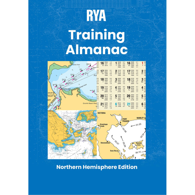 Cover of the Royal Yachting Association’s "RYA Training Almanac - Northern," showcasing nautical charts and navigation tables on a blue background—a must-have for yachtmaster theory students.