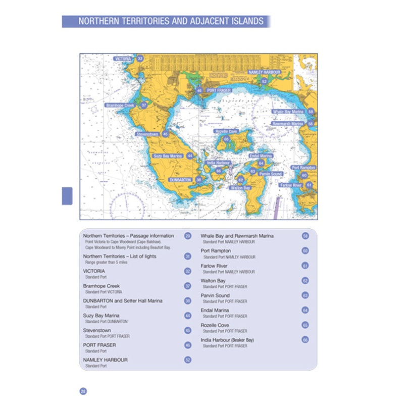 The RYA Training Almanac - Northern by the Royal Yachting Association features a nautical chart of the Northern Territories and islands, with land in yellow and water in blue; a key lists ports and marinas for yachtmaster theory or reference.