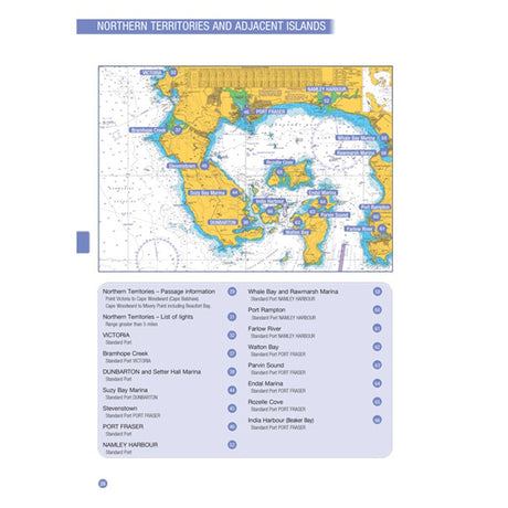 The RYA Training Almanac - Northern by the Royal Yachting Association features a nautical chart of the Northern Territories and islands, with land in yellow and water in blue; a key lists ports and marinas for yachtmaster theory or reference.