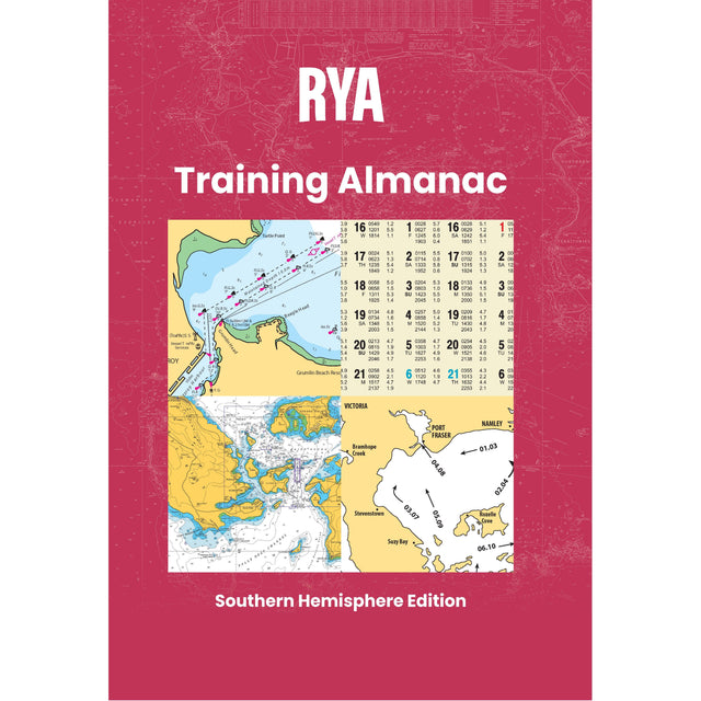 The cover of the "RYA Training Almanac - Southern" by Royal Yachting Association displays nautical charts, navigation tables, tide tables, and key navigation info on a red background—ideal for Yachtmaster Offshore Theory study.