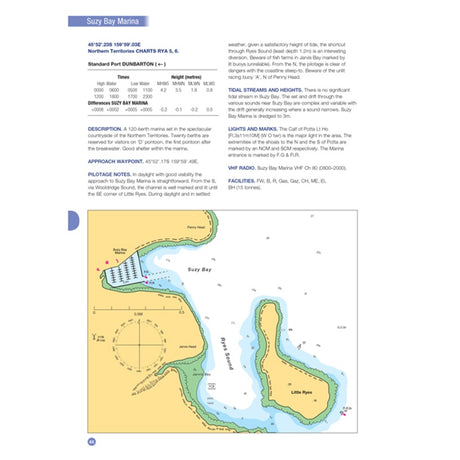 A nautical chart of Suzy Bay Marina from the Royal Yachting Association RYA Training Almanac - Southern, showing depths, layout, land features, compass rose, tide and navigation tables, marina facilities and key navigation info.