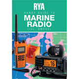 The Royal Yachting Association's "RYA Handy Guide to Marine Radio" cover features handheld and fixed VHF radios on channel 16 atop a vivid nautical chart—your essential marine radio reference.