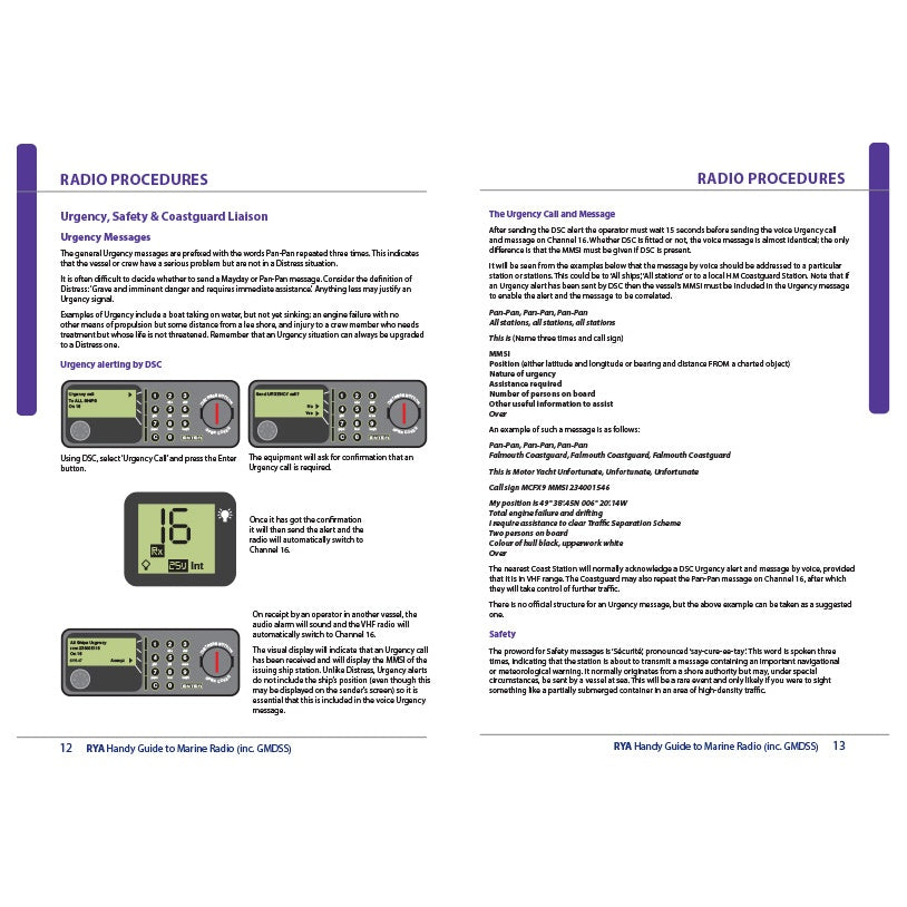 Two pages from the Royal Yachting Association's RYA Handy Guide to Marine Radio show instructions, VHF radio display illustrations, and organized GMDSS safety protocols with headings and lists on urgency, safety, coastguard contact, and message info.
