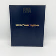 A navy blue RYA Sail & Power Logbook by the Royal Yachting Association, featuring gold and silver embossed text, stands upright against a plain white background.