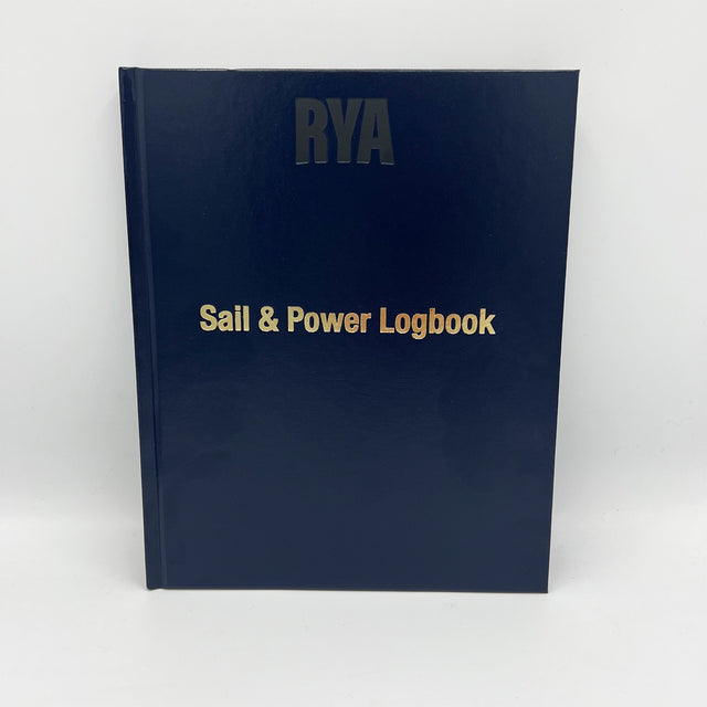 A navy blue RYA Sail & Power Logbook by the Royal Yachting Association, featuring gold and silver embossed text, stands upright against a plain white background.