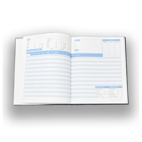 The Royal Yachting Association’s RYA Sail & Power Logbook features blue and white financial tracking forms, tables for income, expenses, savings, and fields for itemized entries and totals, styled like a cruising boaters’ logbook.