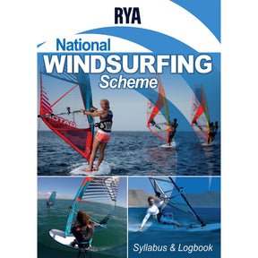 Cover of the Royal Yachting Association's RYA National Windsurfing Scheme Syllabus Logbook, showing three windsurfers in action—ideal for recording your progress with this official RYA logbook.