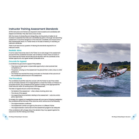 An instructor from the Royal Yachting Association demonstrates techniques on choppy water for a student. The page covers RYA Wing and Windsurfing for Instructors training standards, assessment, and references the official instructor manual.