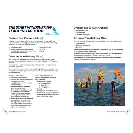 Two pages from the Royal Yachting Association’s RYA Wing and Windsurfing for Instructors manual show lesson steps and a photo of four people in wetsuits and helmets on boards with colorful sails, enjoying calm water beneath a blue sky.
