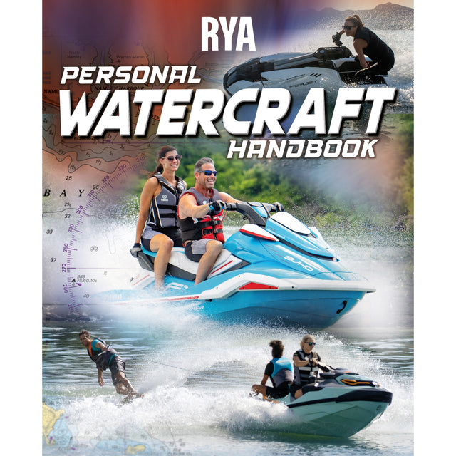 Cover of the RYA Personal Watercraft Handbook by the Royal Yachting Association, showing riders on jet skis with life jackets against a water-themed and map background, emphasizing safety and essentials for personal watercraft courses.