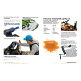 A spread from the RYA Personal Watercraft Handbook by the Royal Yachting Association shows labeled controls and accessories, plus safety tips, a kill cord, and safety kit, inspired by the RYA Personal Watercraft Proficiency Course.