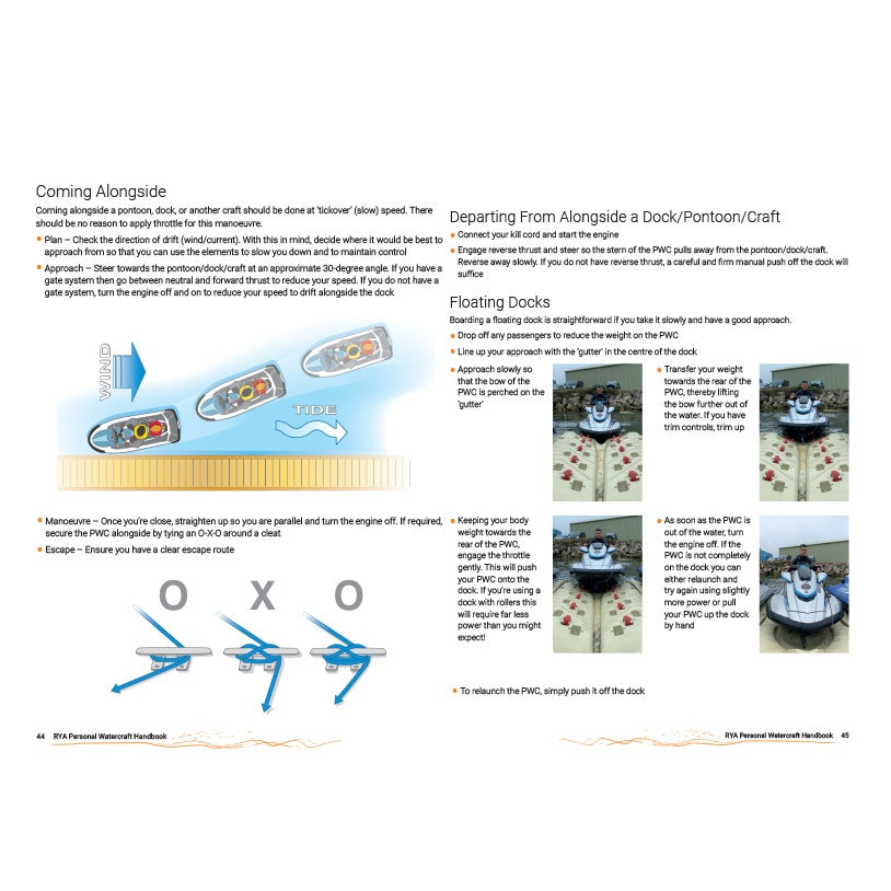 A page from the Royal Yachting Association’s RYA Personal Watercraft Handbook features illustrated docking maneuvers—including coming alongside, floating docks, and departing—with step-by-step guidance and safety tips.