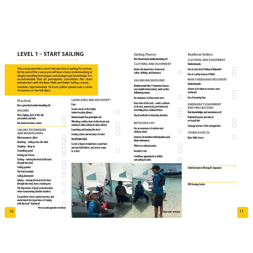 The Royal Yachting Association's RYA National Sailing Scheme Syllabus and Logbook includes checklists for theory and practical skills, a yellow-highlighted course summary, a dinghy training photo, and detailed syllabus info on pages 10–11.